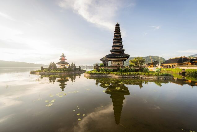 Pura Ulun Danu Beratan temple at sunrise in Bali, Indonesia